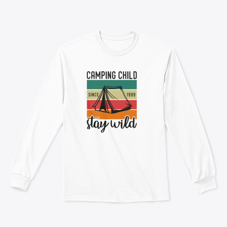 A vintage typography T-shirt for children featuring a mountain camping design, made from 100% cotton for comfort and durability.